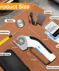 Heavy Duty Cordless Electric Scissors With Rechargeable Battery, Rock Solid Rotary Box Cutter For Tough Fabric Leather Or Cardboard, No Sweat Cutting Action With Storage Bag on a flat surface with size measurements.