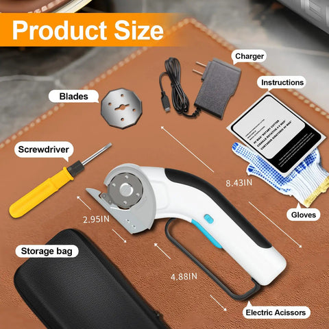 Heavy Duty Cordless Electric Scissors With Rechargeable Battery, Rock Solid Rotary Box Cutter For Tough Fabric Leather Or Cardboard, No Sweat Cutting Action With Storage Bag on a flat surface with size measurements.