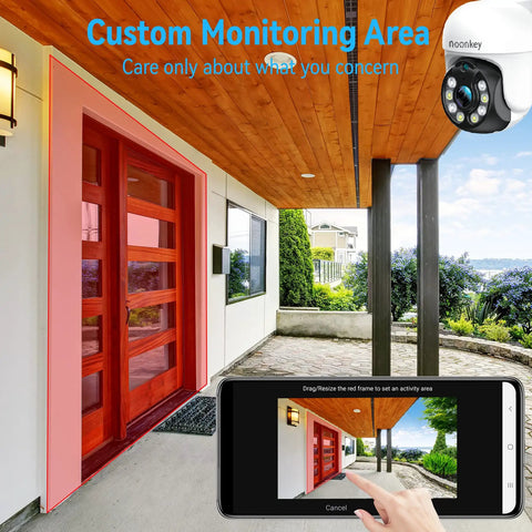 Get Awesome Protection With This 4MP Wifi Outdoor PTZ Security Camera Featuring 360 Degree Pan Tilt Super Clear Quad HD Video 8X Zoom Adjustable Siren And Spotlights Smart Motion Detection And Custom Zones overlooking entryway
