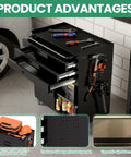 Heavy Duty Metal Rolling Tool Cabinet With Pegboard And 10 Hooks in workshop with open drawers showing tools