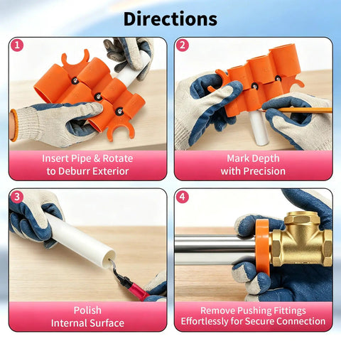 Step-by-step use of 13 Piece Pipe Deburring Tool Set With 5 High Speed Steel Blades Inner Outer Reamer Chamfer Tool 6 In 1 Depth Gauge And 5 Size Push Fit Removal Keys For PVC PEX Copper Aluminum Tubing Works With Major Fittings And Prevents Leaks