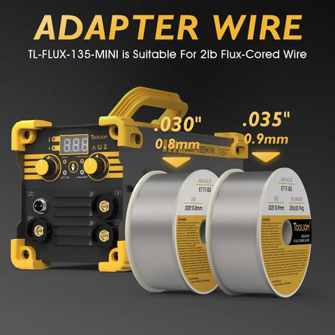3 In 1 Gasless Flux Core MIG Welder 110V With LCD Display Inverter shown with 0.030 and 0.035 flux core wire spools.