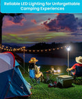 People camping at dusk with LED lights, sitting near a tent and table, surrounded by camping gear and illuminated by string lights.
