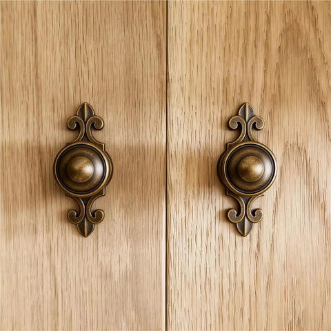 Vintage Brass Cabinet Pulls 8 Piece Set For Drawer Wardrobe Door Cupboard With Retro Vibe Antique Style Handles on wooden cabinet