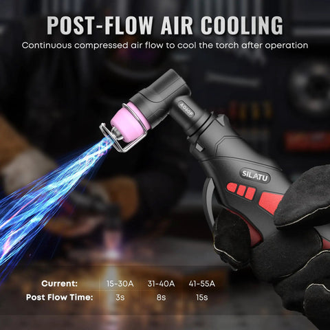 Close-up of Plasma Cutter STC550P 55 Amp Pilot Arc Dual Voltage with red handle and blue plasma arc in action