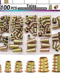 100Pcs Wood Threaded Inserts Kit In Six Sizes M4x8 M4x10 M5x10 M6x10 M6x15 M8x20 Hex Socket Drive Furniture Cabinet Screws In Wood Zinc Alloy Nuts For DIY Projects in plastic box