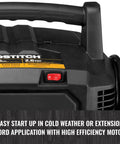 Close-up of control panel on Six Gallon Pancake Air Compressor Kit With Thirteen Piece Accessory Set Including Air Hose