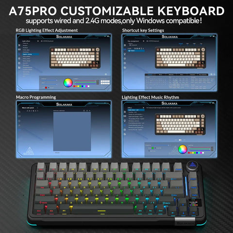 Hella Smooth Tri Mode Wireless Mechanical Keyboard With Smart Lcd Panel And Twist Knob Compact Seventy Five Design For Dope Gaming Builds And Daily Grinds Featuring Punchy Tactile Switches And Massive Four Thousand Mah Battery Longevity, showing RGB lighting effect options.
