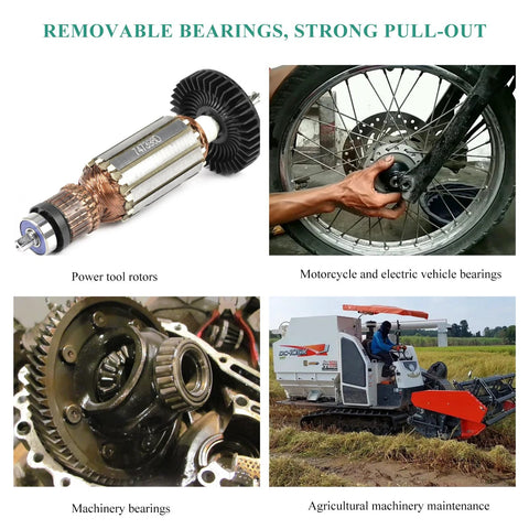 MUQIDA 4-inch two-jaw gear puller, black carbon steel; collage: rotor, motorcycle wheel, gears, agricultural machinery.