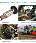 Collage showing power tool rotors, motorcycle and electric vehicle bearings, machinery bearings, and agricultural machinery.
