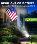 Lit Outdoor Solar Lights Pack Of 6 Waterproof Landscape Spotlights illuminating a flag, highlighting 2X enhanced brightness in a garden setting