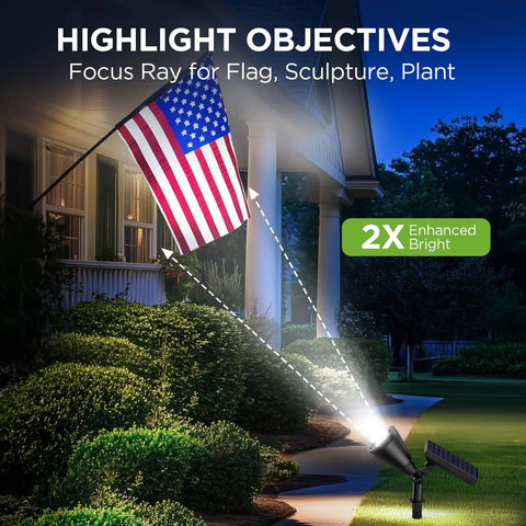 Lit Outdoor Solar Lights Pack Of 6 Waterproof Landscape Spotlights illuminating a flag, highlighting 2X enhanced brightness in a garden setting