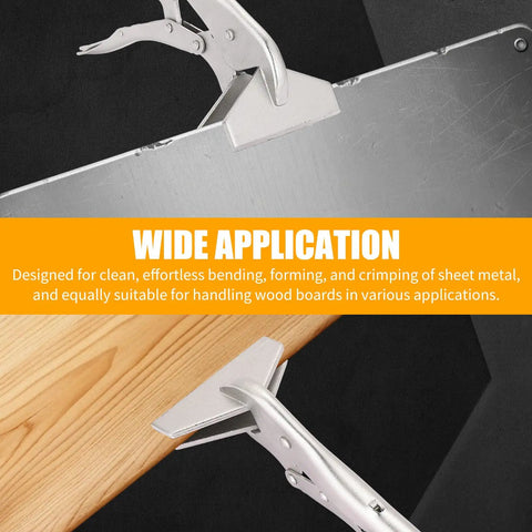 Heavy Duty 10 Inch Locking Sheet Metal Clamps gripping sheet metal for bending and forming during fabrication tasks.
