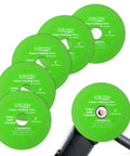 Five Pack Of Four Inch Ultra Thin Diamond Glass Cutting Discs For Angle Grinders, vibrant green blades for precise cutting.