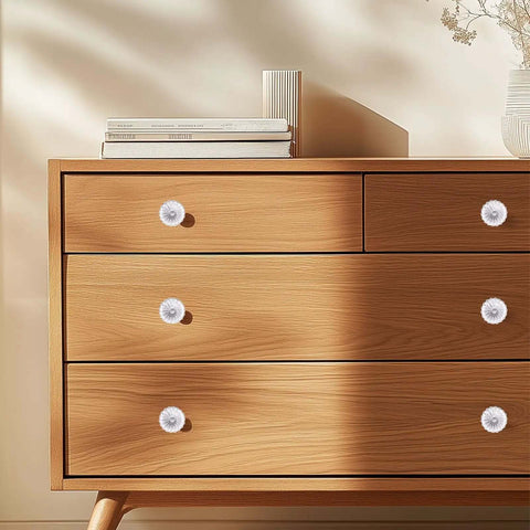 Wooden dresser with Crystal Glass Drawer Knobs Set 4-Pack Flower Bud Style Silver Finish 1.34 Inch Diameter Cabinet Pulls