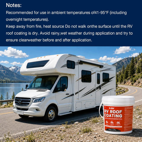MS Polymer RV Roof Sealant 1 Gallon Coating White Waterproof Roof Sealant next to motorhome outdoors