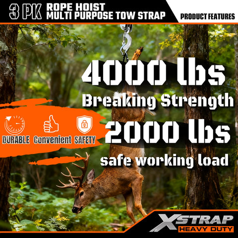 Beefy Heavy Duty Rope Hoist Kit With 4000 Lb Break Strength 65 Ft Poly Rope Includes Two 8 Ft Lift Slings shown lifting deer