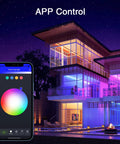 Smart LED Strip Lights 16.4ft RGB With Alexa Voice Control lighting up modern house with app control interface displayed.