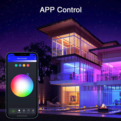 Smart LED Strip Lights 16.4ft RGB With Alexa Voice Control lighting up modern house with app control interface displayed.