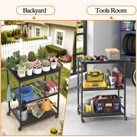 Outdoor Grill Cart With 3 Tier BBQ Prep Table On Wheels, Rolling Outdoor Kitchen Stand, used in backyard and tools room