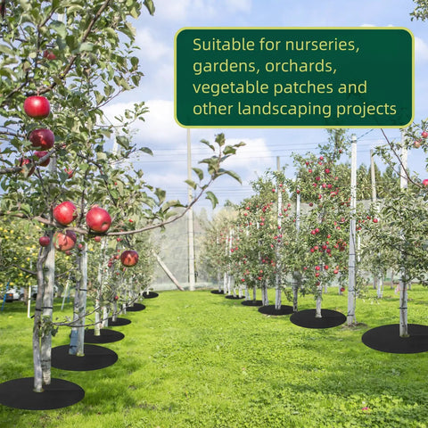 Orchard with trees using 39 Inch Weed Barrier Mat For Your Yard And Garden Non Woven Tree Mulch Ring Protectors