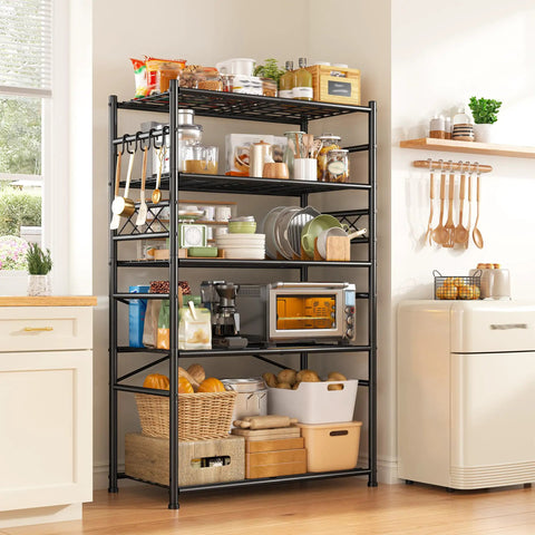 Heavy Duty 5 Tier Metal Shelving Rack With 1000Lbs Capacity 72In High 36In Wide 12In Deep 4 Side Hooks Black Ultra Versatile Garage Kitchen Bath Storage Organizer For Max Vertical And Corner Space in kitchen with stored cookware and appliances