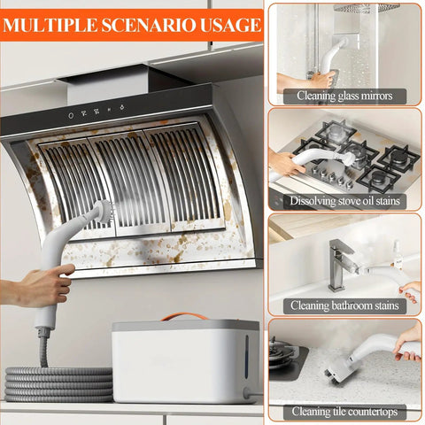Premium Handheld Steam Cleaner For Crushing Gnarly Messes Off Tile Floors Kitchen Counters Car Interiors And Stubborn Bathroom Residue Quick Heat Up White in use cleaning various surfaces like kitchen hood and countertops.