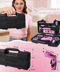 Woman holding a tool box showing Girl Friendly 40 Piece Drill Set with Pink Cordless Drill and Tool Box Beginner Friendly Home DIY Kit