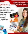 Solid 210 Single Sided ID Card Printer Bundle With Beginner Software HD Webcam Full Color Ribbon And 200 Cr80 Plastic ID Badges No Sweat Starter Pack For Schools And Small Business Owners featuring ID cards and a smiling woman.