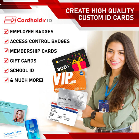 Solid 210 Single Sided ID Card Printer Bundle With Beginner Software HD Webcam Full Color Ribbon And 200 Cr80 Plastic ID Badges No Sweat Starter Pack For Schools And Small Business Owners featuring ID cards and a smiling woman.