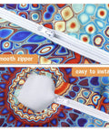 Close-up of zipper and umbrella hole on Outdoor Round Tablecloth With Umbrella Hole Waterproof Elastic Fitted Zippered No Fuss Cleanup Cover For 40 To 44 Inch Patio Tables Reusable Garden Picnic Protector.