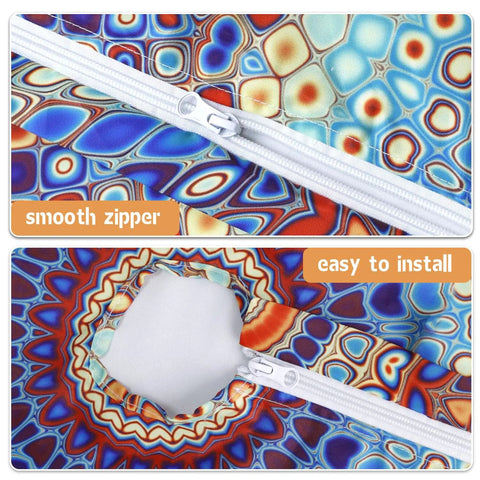 Close-up of zipper and umbrella hole on Outdoor Round Tablecloth With Umbrella Hole Waterproof Elastic Fitted Zippered No Fuss Cleanup Cover For 40 To 44 Inch Patio Tables Reusable Garden Picnic Protector.