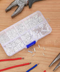 650 Piece Wire Ferrule Kit With Tinned Copper Crimp Connectors Seven Sizes 0.5 0.75 1.0 1.5 2.5 4.0 6.0 mm2 Covers 22 to 18 AWG 16 to 14 AWG And 12 to 10 AWG Non Insulated Cable End Terminals High Conductivity Copper Ferrules For Safe Wiring in plastic storage box on wooden table with pliers and wires