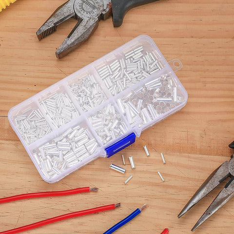 650 Piece Wire Ferrule Kit With Tinned Copper Crimp Connectors Seven Sizes 0.5 0.75 1.0 1.5 2.5 4.0 6.0 mm2 Covers 22 to 18 AWG 16 to 14 AWG And 12 to 10 AWG Non Insulated Cable End Terminals High Conductivity Copper Ferrules For Safe Wiring in plastic storage box on wooden table with pliers and wires