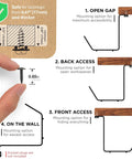 Illustration of under desk cable management tray mounting options with hand holding screw, showing open gap, back access, front access, wall mount.
