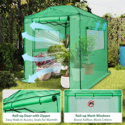 8x6 Portable Walk In Greenhouse Pop Up Indoor Outdoor Garden Shelter Kit With Zippered Doors And Windows PE Cover Clear Green
