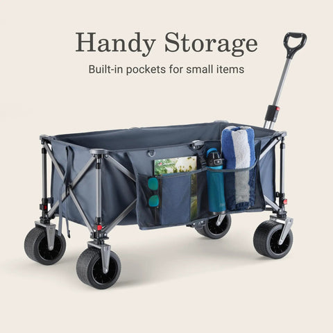 XL Collapsible Wagon Heavy Duty 400 Lb Capacity With 50 Gallon Utility Cart All Terrain Wide Base Wheels One Pull Folding Design Removable Wheels And Ergonomic Handle Blue with built-in storage pockets