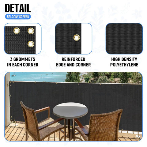 Three Feet By Twelve Feet Balcony Privacy Fence Screen Cover With Zip Ties For Outdoor Deck shown installed on balcony
