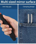 Hand holding Three Piece Stainless Steel Extendable Mechanic Mirror Set With Telescoping Rotating Head; two mirrors clipped in a pocket