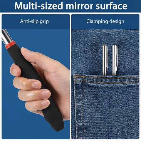 Hand holding Three Piece Stainless Steel Extendable Mechanic Mirror Set With Telescoping Rotating Head; two mirrors clipped in a pocket