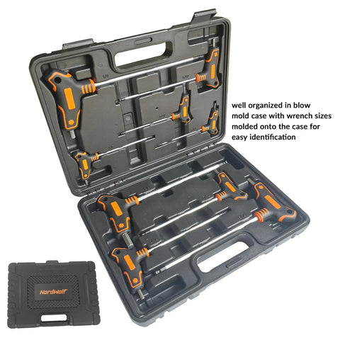 Beefy Pro Grade 9-Piece T-Handle SAE Allen Wrench Set With Long Arm Ball End Hex Keys in S2 steel, in storage box open view