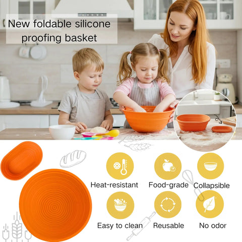 All-In-One Sourdough Starter Kit With Enameled Cast Iron Dutch Oven, Digital Scale, And 4 Banneton Proofing Baskets, Beginner Guide, Sling, 34oz Starter Jar, The Ultimate Bread Making Gift Set For Home Bakers featuring foldable silicone proofing basket with children baking.