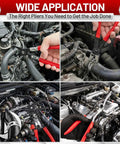 Collage of Ultimate 4-Piece Hose Clamp Pliers Kit in engine bay use, showing applications on hoses and clamps.