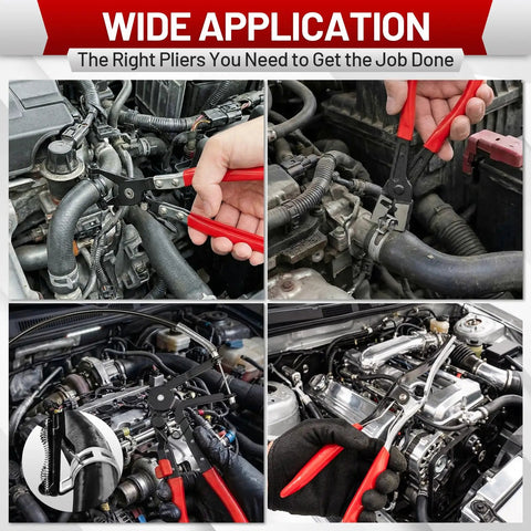 Collage of Ultimate 4-Piece Hose Clamp Pliers Kit in engine bay use, showing applications on hoses and clamps.