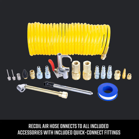 20 Piece Air Compressor Accessory Kit with Recoil Hose, Tire Inflator, Blow Gun, Brass Quick Connect Fittings and More