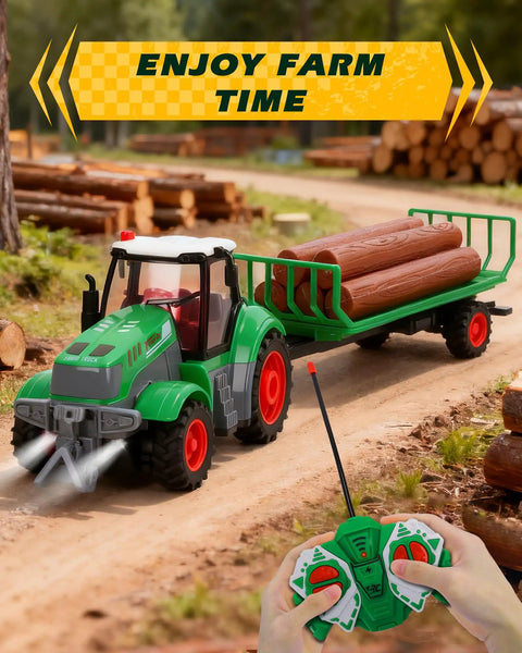One Twenty Fourth Scale RC Farm Truck with detachable trailer carrying wood logs, realistic design with remote control visible