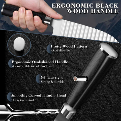 Dragon Creek crinkle cutter knife with black wood ergonomic handle and stainless steel wavy blade (front view)