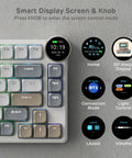 Dope Low Profile Mechanical Keyboard With Smart Display Screen And Rotary Knob Control Wireless Keypad Featuring Custom RGB Backlighting Mac And PC Compatible Tight Compact Design For Epic Desk Builds, showcasing the smart display.
