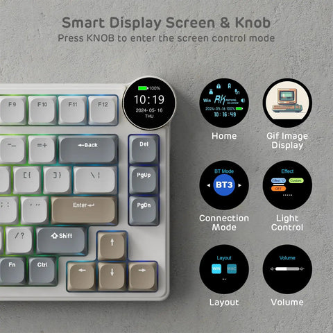Dope Low Profile Mechanical Keyboard With Smart Display Screen And Rotary Knob Control Wireless Keypad Featuring Custom RGB Backlighting Mac And PC Compatible Tight Compact Design For Epic Desk Builds, showcasing the smart display.