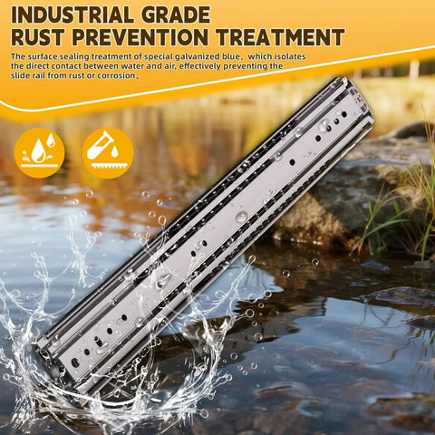 Beefy Heavy Duty Drawer Slides 500 Lb Capacity Full Extension Ball Bearing Side Mount Rails For Tool Boxes, shown with rust prevention